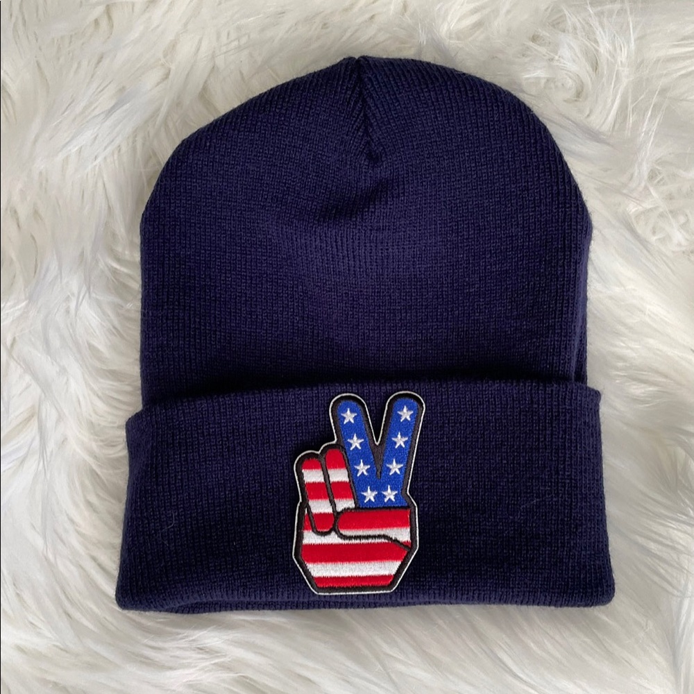Navy Beanie + USA Peace Hand Sign on Front. ONE SIZE. NWOT.